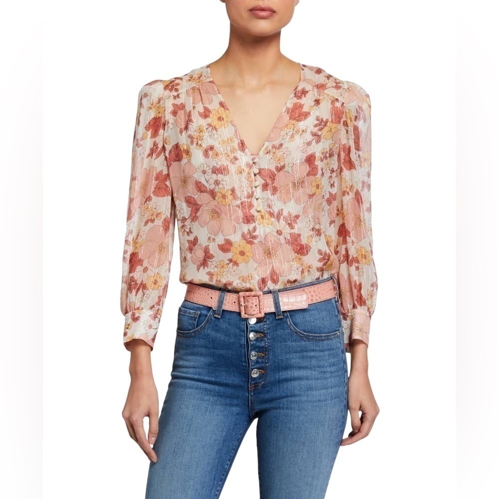 Veronica Beard Womens Milan Blouse Pink Floral Long Sleeve V Neck Metallic 0 New